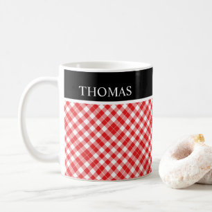 Personlig Red White Gingham - eget namn Kaffemugg