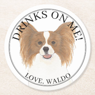 Personlig Red & White Papillon Hund Bröllop Underlägg Papper Rund