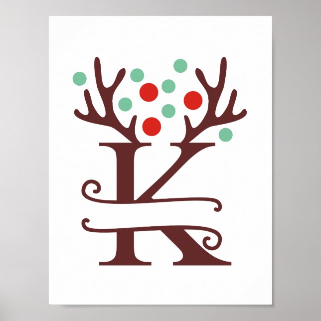 Personlig Reindeer Brev K Split Monogram Poster (Framsidan)