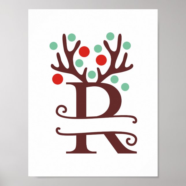 Personlig Reindeer Brev R Split Monogram Poster (Framsidan)