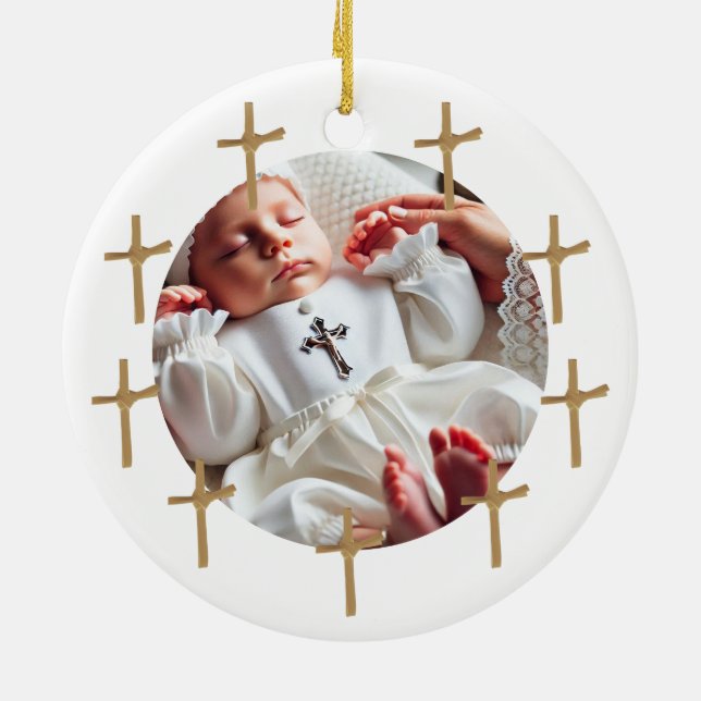 Personlig Religiösa Photo Baby Golden Kor Julgransprydnad Keramik (Baksidan)