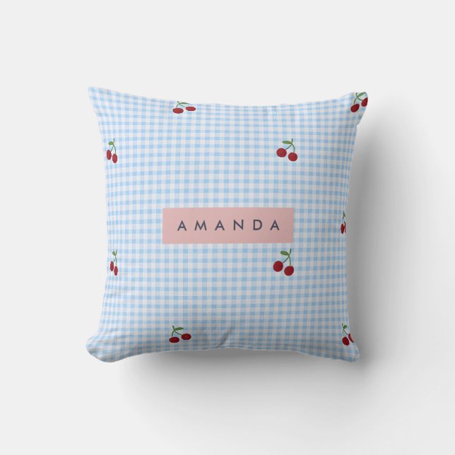 Personlig Retro Blå Gingham Körsbärstryck Kudde (Framsida)