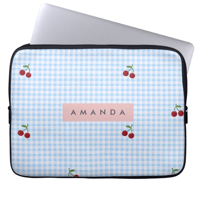 Personlig Retro Blå Gingham Körsbärstryck Laptop Fodral (Framsidan)