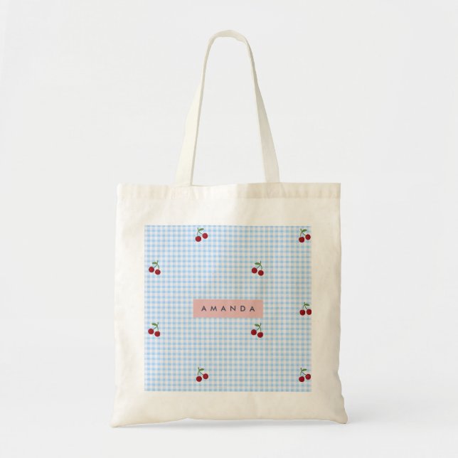 Personlig Retro Blå Gingham Körsbärstryck Tygkasse (Framsidan)