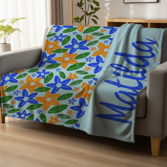 Personlig Retro Blå & Orange Blommig  Fleecefilt (Skapare uppladdad)