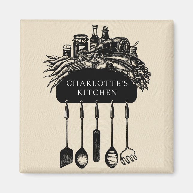 Personlig Retro Black Cream Kitchen Magnet (Framsidan)