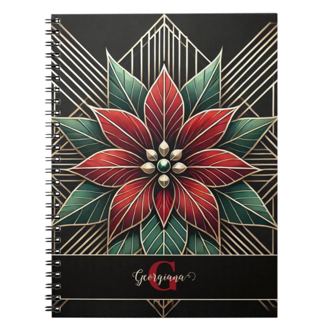 Personlig Retro Blommigt Art Deco Poinsettia Anteckningsbok (Framsidan)