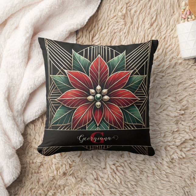 Personlig Retro Blommigt Art Deco Poinsettia Kudde (Filt)