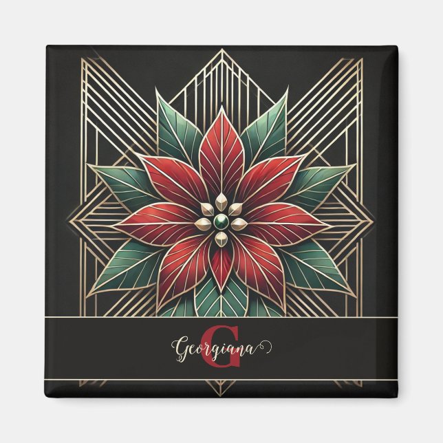 Personlig Retro Blommigt Art Deco Poinsettia Magnet (Framsidan)