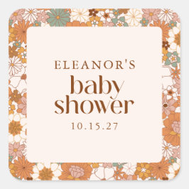 Personlig Retro Earthy Boho Blommigt Baby Shower Fyrkantigt Klistermärke
