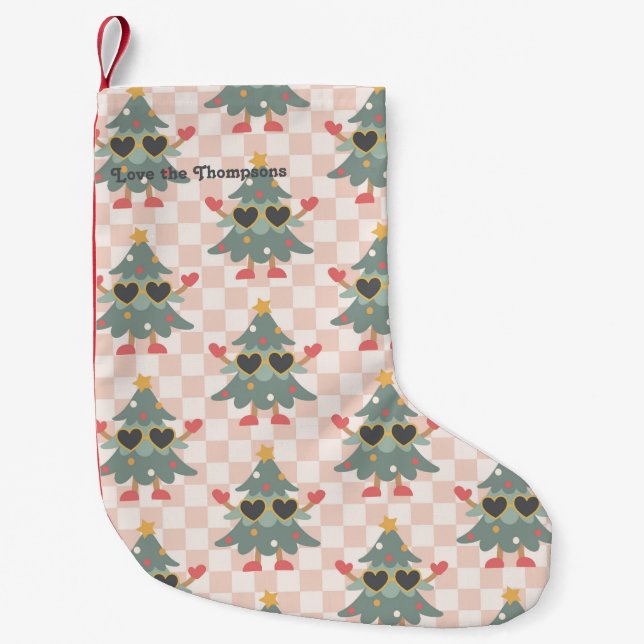 Personlig Retro Gingham Julgran Liten Julstrumpa (Framsidan)