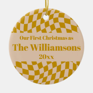 Personlig Retro Gult Checkerboard jul Julgransprydnad Keramik