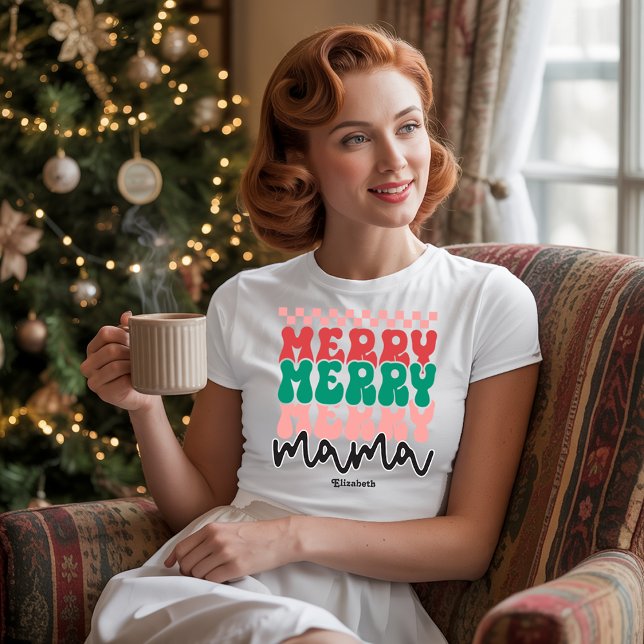 Personlig Retro Helgdag Merry Merry Mamma Julafton T Shirt (Personalized Retro Holiday Merry Merry Mama Xmas T-Shirt)