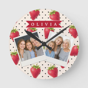 Personlig Retro Jordgubbs- Prickig Vintage Rund Klocka