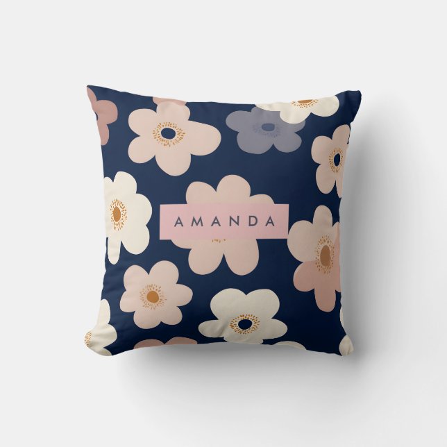 Personlig Retro Marinblå Blommor Kudde (Framsida)