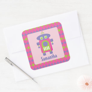 Personlig Retro Rosa, Lila och Grönt Robot Fyrkantigt Klistermärke