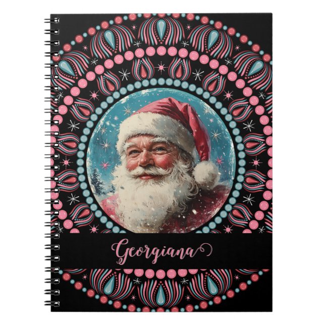 Personlig Retro Santa Pinkmas Blommigt Mandala Anteckningsbok (Framsidan)