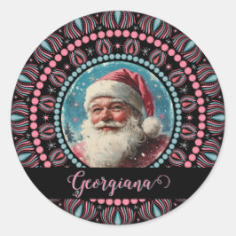Personlig Retro Santa Pinkmas Blommigt Mandala Cl Runt Klistermärke