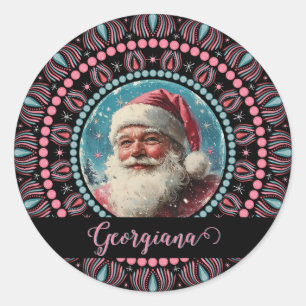 Personlig Retro Santa Pinkmas Blommigt Mandala Cl Runt Klistermärke