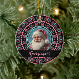 Personlig Retro Santa Pinkmas Blommigt Mandala Julgransprydnad Keramik