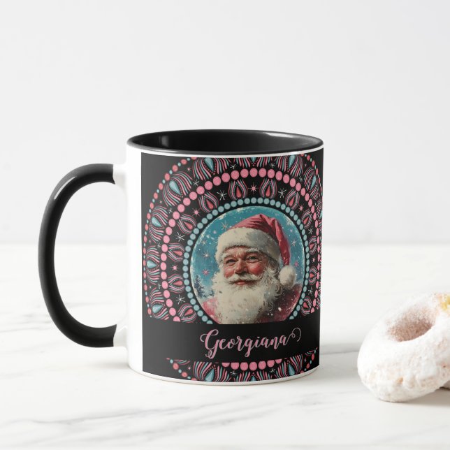 Personlig Retro Santa Pinkmas Blommigt Mandala Mugg (Med munk)