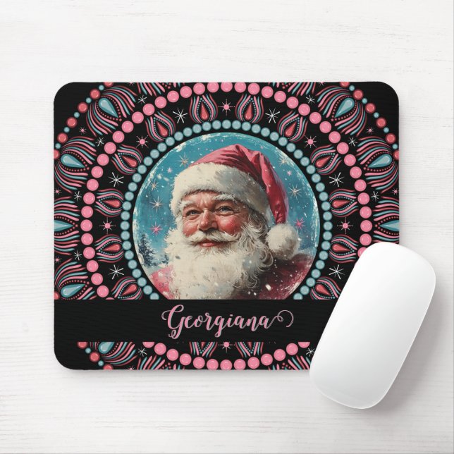 Personlig Retro Santa Pinkmas Blommigt Mandala Musmatta (Med mus)