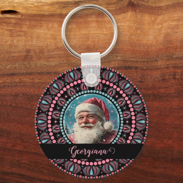 Personlig Retro Santa Pinkmas Blommigt Mandala Nyckelring (Framsida)