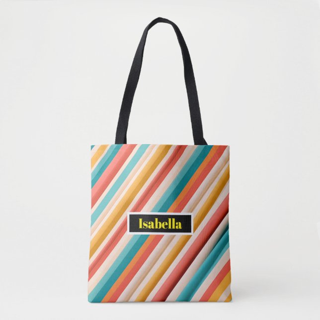 Personlig Retro Stripe Shoulder Tote Tygkasse (Framsida)