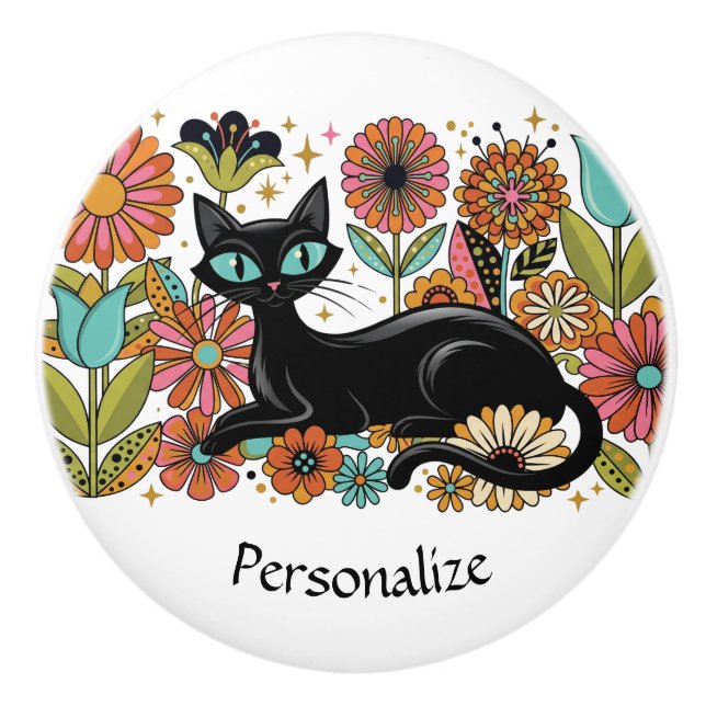 Personlig Retro Svart Katt Blommig Dekor Knopp (Framsidan)