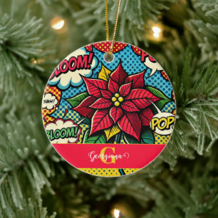 Personlig Retro Tecknad Bok Pop Art Poinsettia Julgransprydnad Keramik