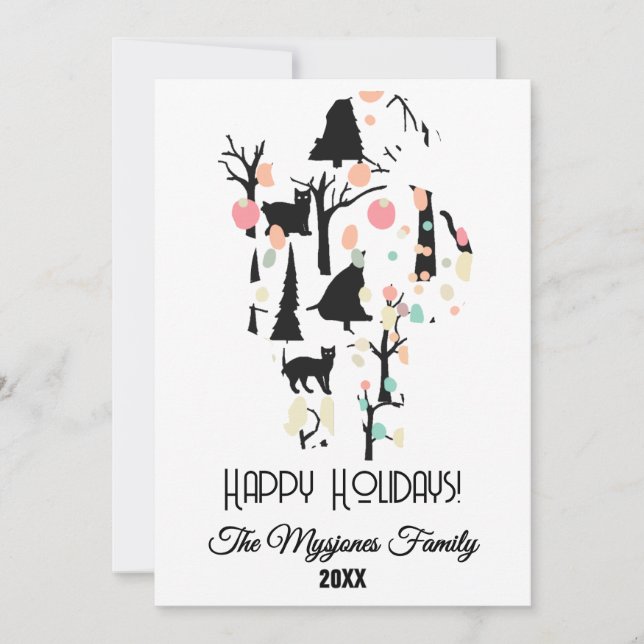 Personlig RetroMinimalist BlackCats & Grenar Julkort (Framsida)