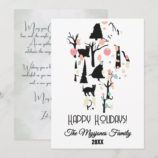 Personlig RetroMinimalistisk Svarta Katter & Grena Julkort (Fram/baksida)