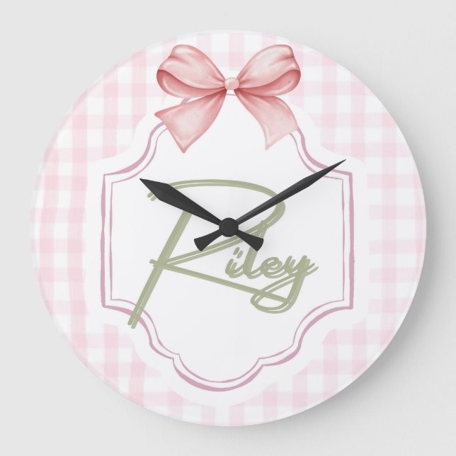 Personlig Riley Flicka Nursery Bow&Gingham Stor Klocka (Framsida)