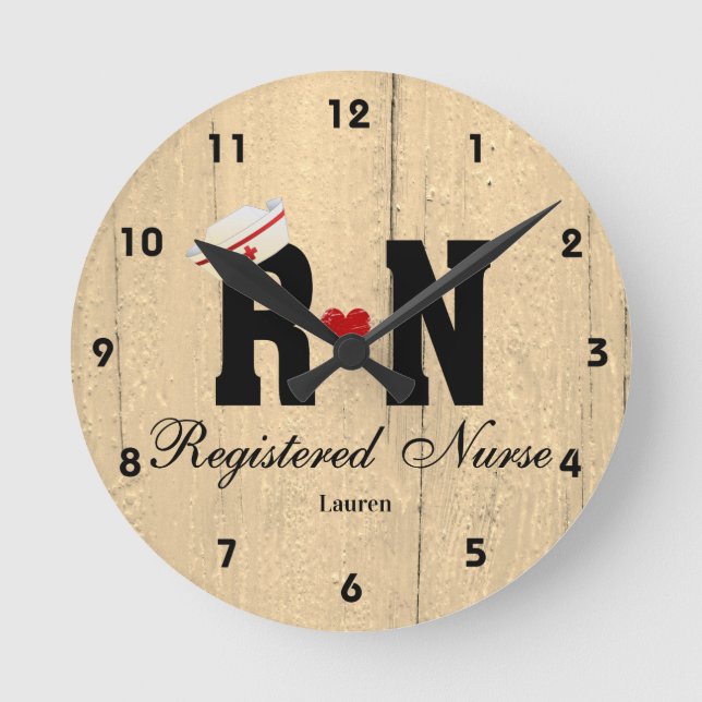 Personlig RN Nurse Hat Wood Acrylic Wall Clock Rund Klocka (Framsida)