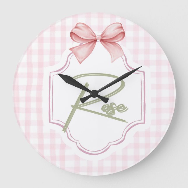 Personlig Ro Flicka Nursery Bow&Gingham Stor Klocka (Framsida)