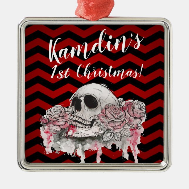 Personlig Ro Gothic Chevron röd svart Julgransprydnad Metall (Framsidan)
