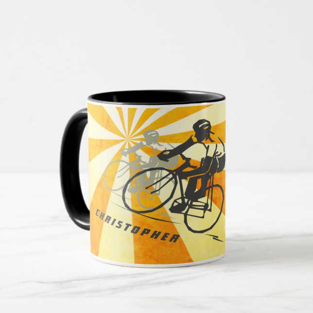 Personlig Road Cyclist och Retro Sunburst Bike Mugg (Framsida vänster)