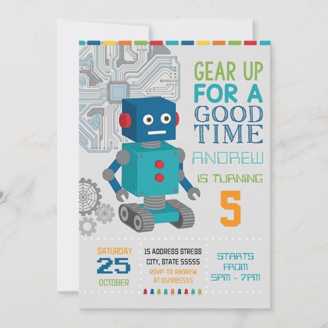 Personlig robot födelsedagsfest inbjudningar (Framsida)