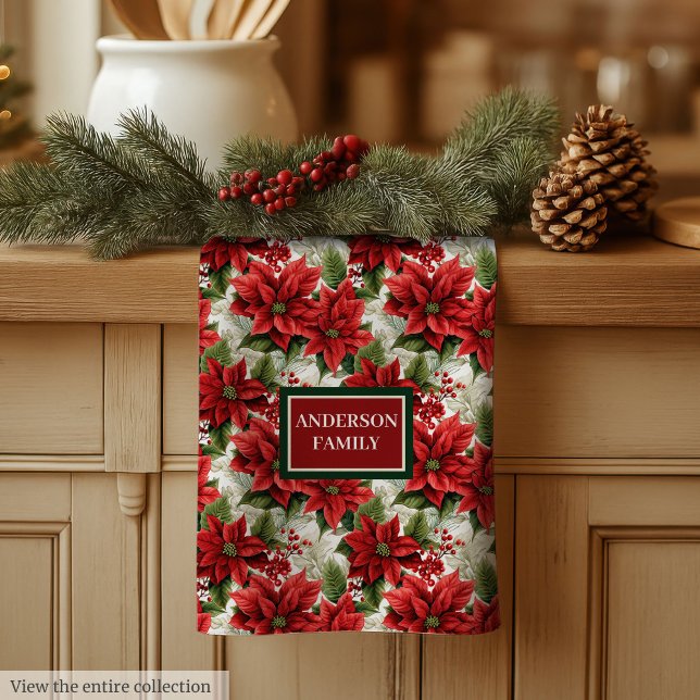 Personlig röd blomsterröjd elegant jul kökshandduk (Personalized Red Floral Towel Elegant Christmas)