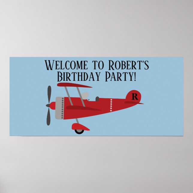 Personlig röd flygplan blå födelsedagsfest poster (Framsidan)