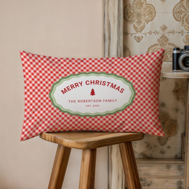 Personlig röd gingham God Jul semester Lumbarkudde (Skapare uppladdad)