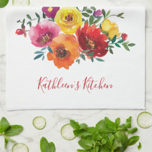 Personlig röd gul rosa akvarellblomma kökshandduk