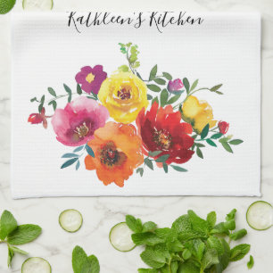 Personlig röd gul rosa akvarellblomma kökshandduk