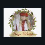 Personlig Röd jul-andedräkt Holly | PHOTO Helg Vykort<br><div class="desc">Modern personlig för vykort för julsäsongen. Lägg till foto (bild) och meddelande på baksidan. Skriptkalligrafi brev av färg red och guld. Personlig det här vykortet att skicka till din familj och till vänner! Perfektens familjeminnen.</div>