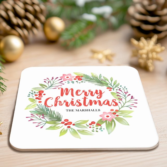 Personlig Röd jul Underlägg Papper Kvadrat (A pretty watercolor wreath paper Christmas Coaster, for your holiday party)