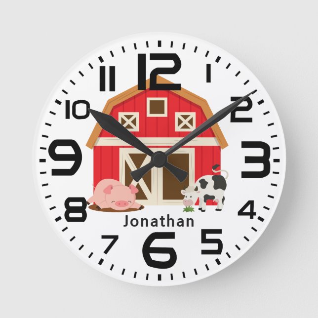 Personlig röd lada gris ko för pojkar rund klocka (Framsida)