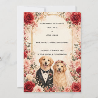 Personlig röd och rosa ros Golden Retriever Inbjudningar