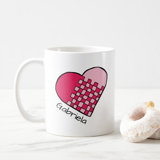 Personlig röd och rosa vävd hjärtan doodle-mugg kaffemugg (Med munk)