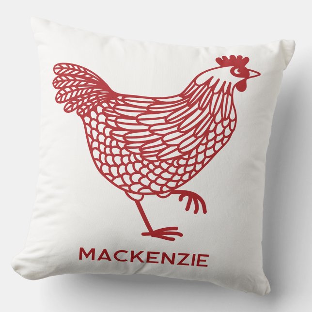 Personlig röd och vit höna för fjäderfä kudde (Personalized name red chicken hen poultry farmhouse throw pillow)