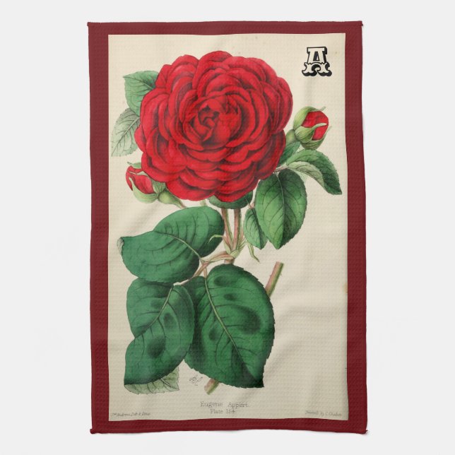 Personlig röd rosblomma vintagekonst kökshandduk (Vertikal)